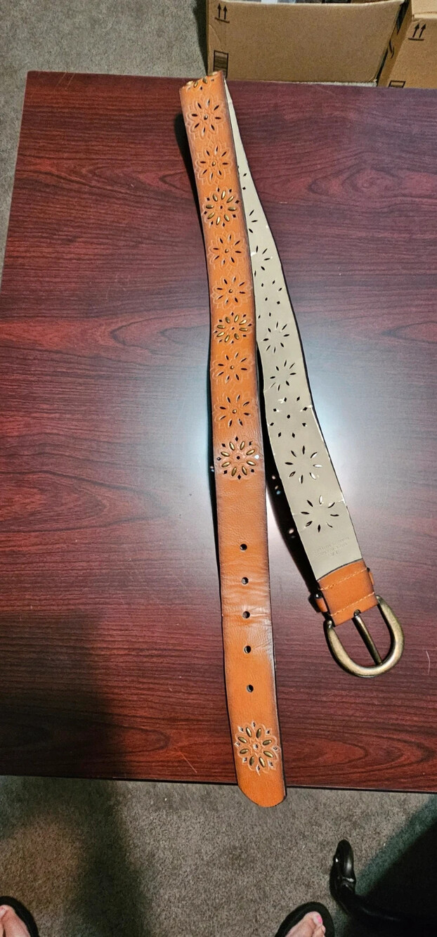 Women's Large Brown Floral Cutout Belt Boho Western Faux Leather Gold Buckle
